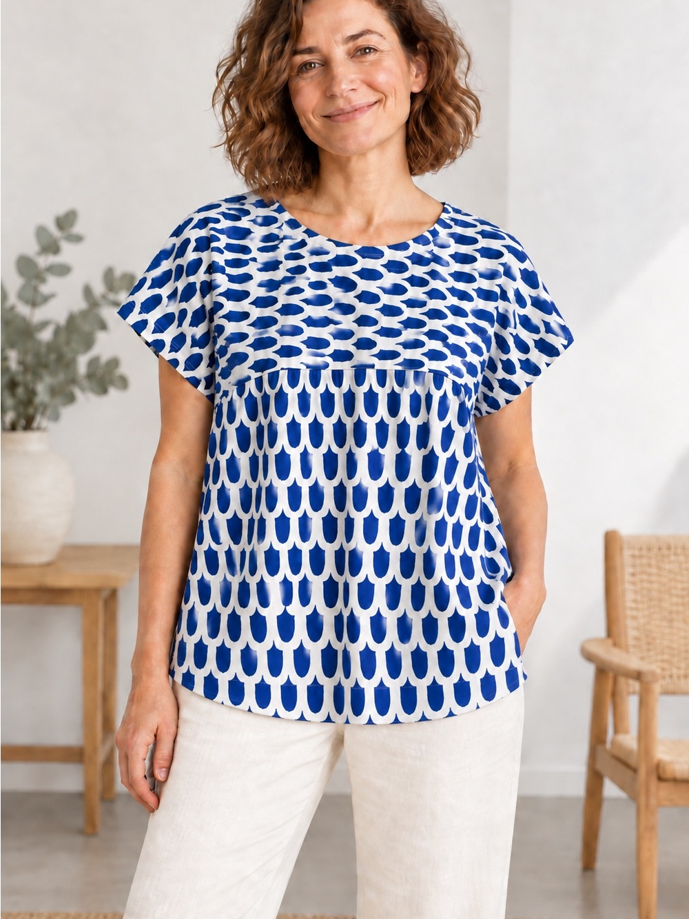 Marimekko Nuoto Blue White Graphic Cotton Top Size Large